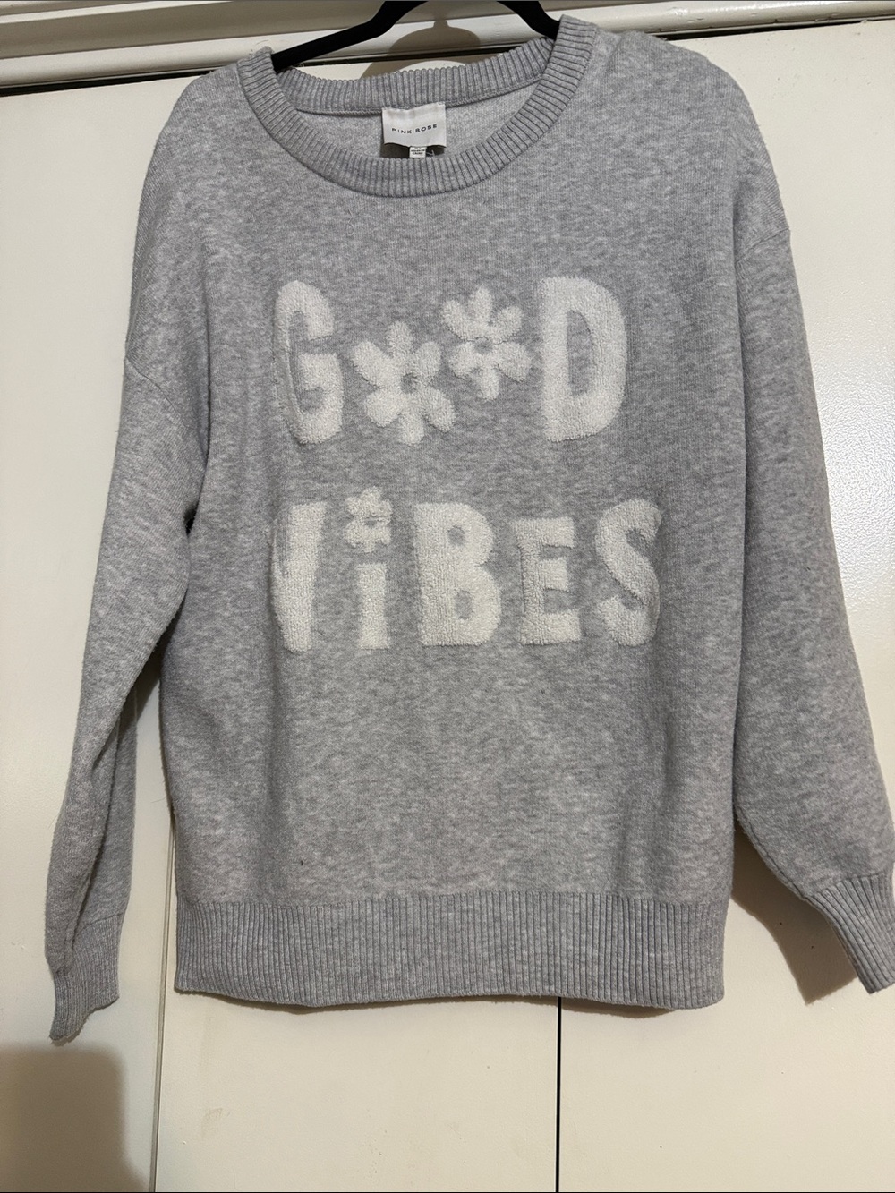 Pink Rose Light Gray 'Good Vibes' Crewneck Sweater